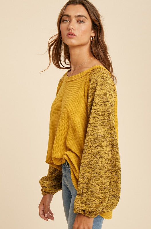 Waffle Contrast Sleeve Top- Final Sale