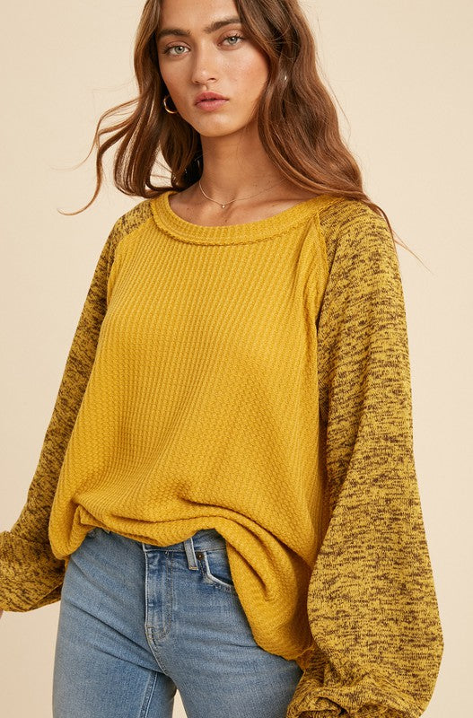Waffle Contrast Sleeve Top- Final Sale
