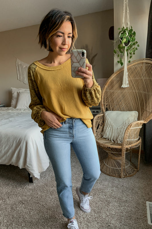 Waffle Contrast Sleeve Top - FINAL SALE