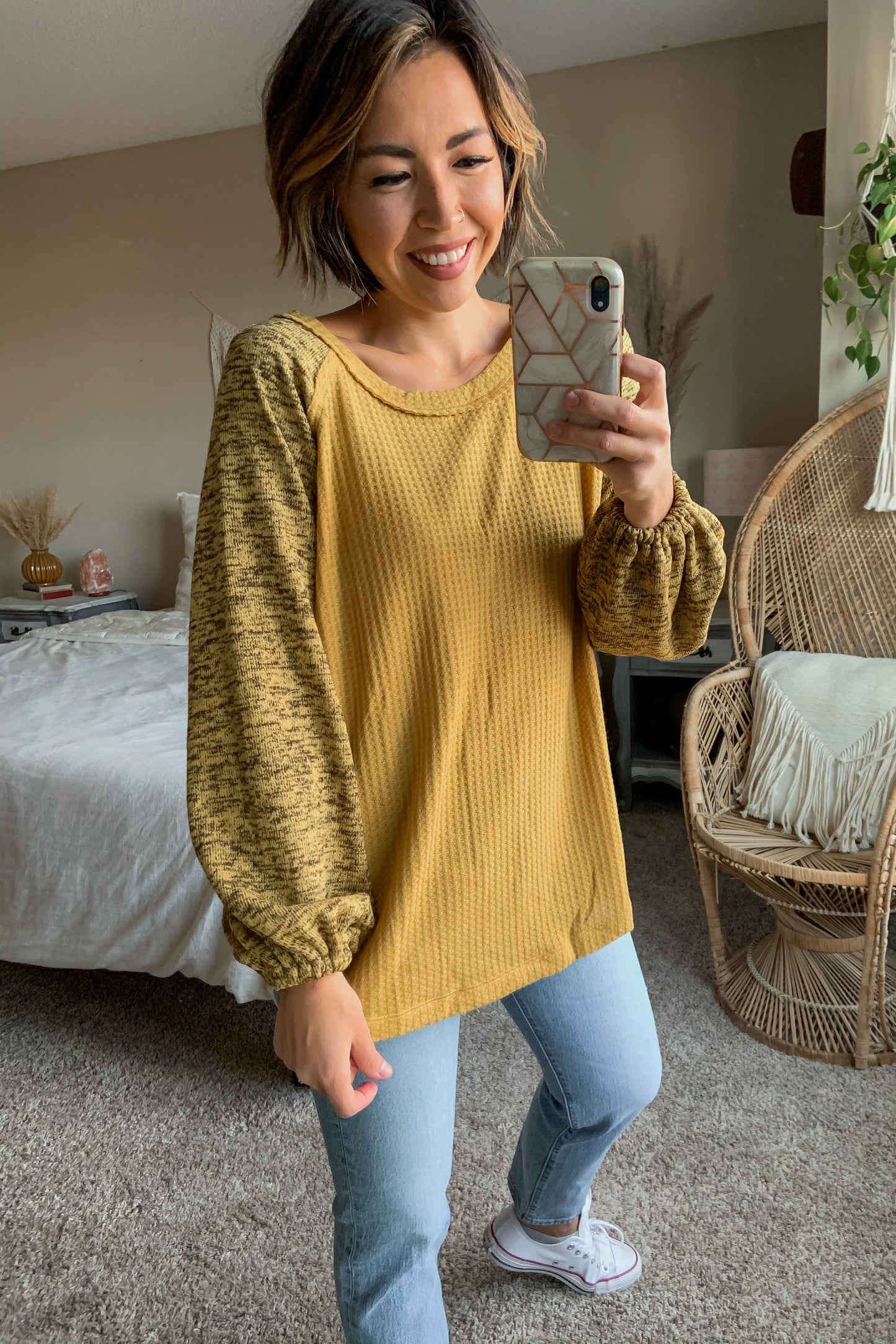 Waffle Contrast Sleeve Top- Final Sale