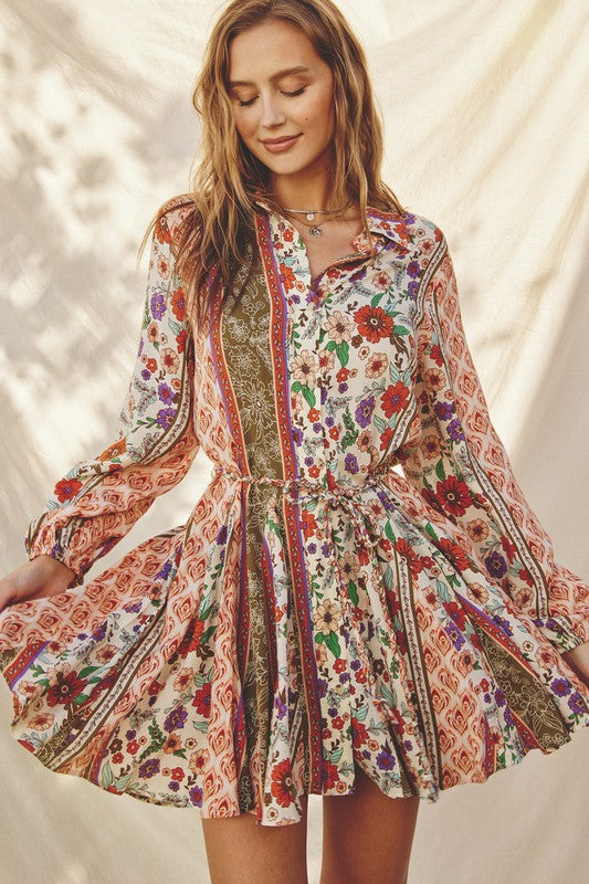 Paisley Floral Stripe Flared Mini Dress - FINAL SALE