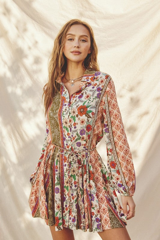 Paisley Floral Stripe Flared Mini Dress - FINAL SALE